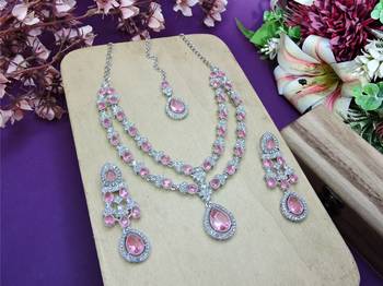 Pink rhodium premium designer american diamond and stone work necklace set 2