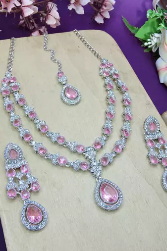 Pink rhodium premium designer american diamond and stone work necklace set