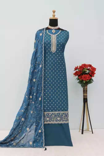 turquoise embroidered silk blend salwar suit