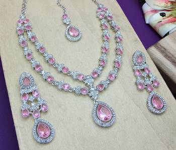Pink rhodium premium designer american diamond and stone work necklace set 3