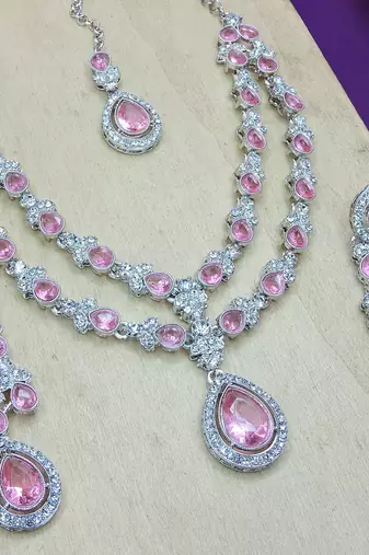 Pink rhodium premium designer american diamond and stone work necklace set