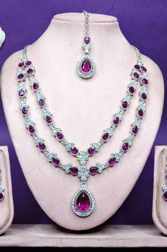 Purple rhodium premium designer american diamond and stone work necklace set