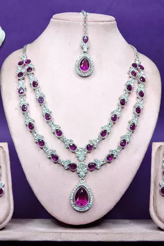Purple rhodium premium designer american diamond and stone work necklace set