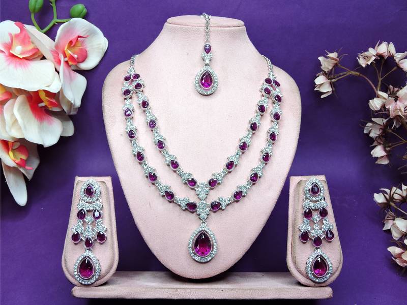 Purple rhodium premium designer american diamond and stone work necklace set