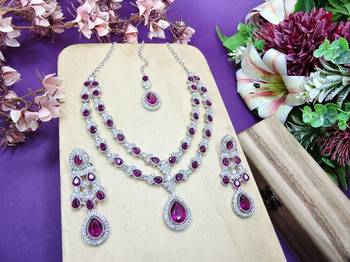 Purple rhodium premium designer american diamond and stone work necklace set 2