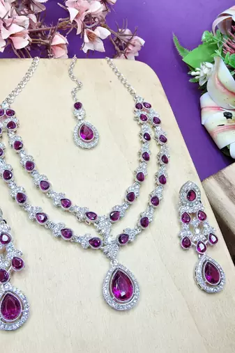 Purple rhodium premium designer american diamond and stone work necklace set