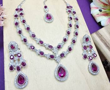 Purple rhodium premium designer american diamond and stone work necklace set 3