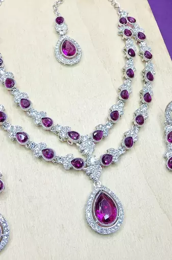 Purple rhodium premium designer american diamond and stone work necklace set