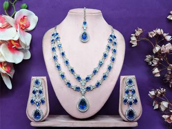 Blue rhodium premium designer american diamond and stone work necklace set 1