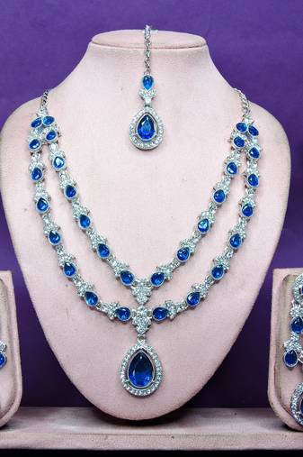 Blue rhodium premium designer american diamond and stone work necklace set