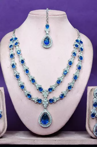 Blue rhodium premium designer american diamond and stone work necklace set