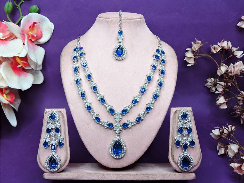 Blue rhodium premium designer american diamond and stone work necklace set