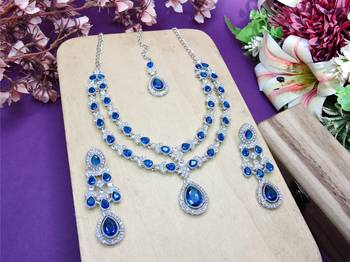 Blue rhodium premium designer american diamond and stone work necklace set 2