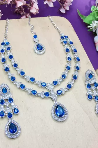 Blue rhodium premium designer american diamond and stone work necklace set