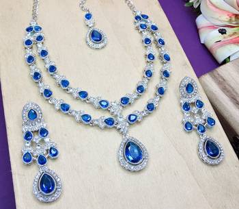 Blue rhodium premium designer american diamond and stone work necklace set 3