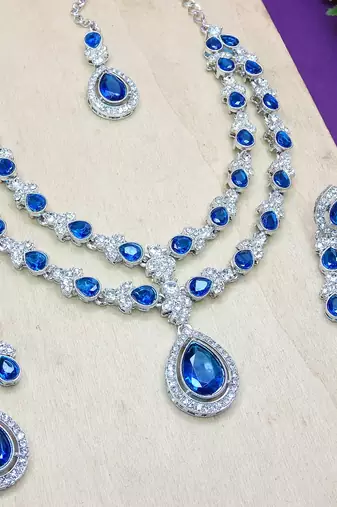 Blue rhodium premium designer american diamond and stone work necklace set