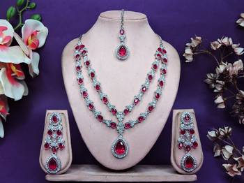 Pink rhodium premium designer american diamond and stone work necklace set 1