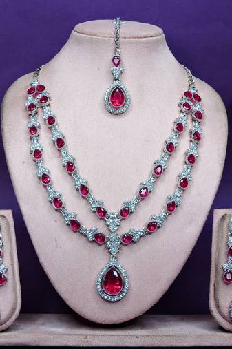 Pink rhodium premium designer american diamond and stone work necklace set