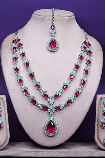 Pink rhodium premium designer american diamond and stone work necklace set