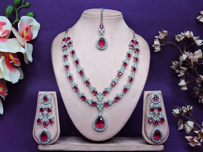Pink rhodium premium designer american diamond and stone work necklace set