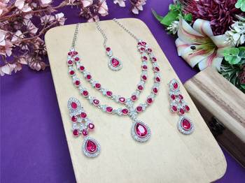 Pink rhodium premium designer american diamond and stone work necklace set 2