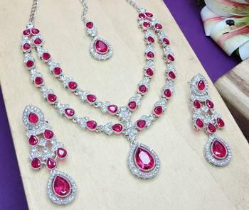 Pink rhodium premium designer american diamond and stone work necklace set 3