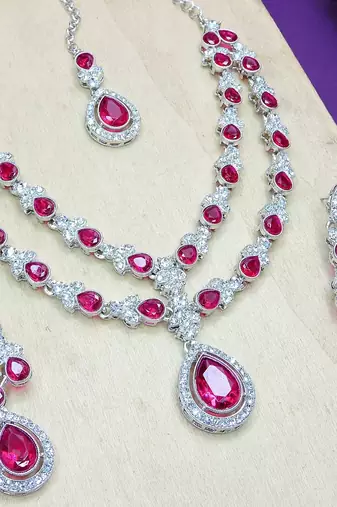 Pink rhodium premium designer american diamond and stone work necklace set