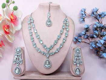 White rhodium premium designer american diamond and stone work necklace set 1