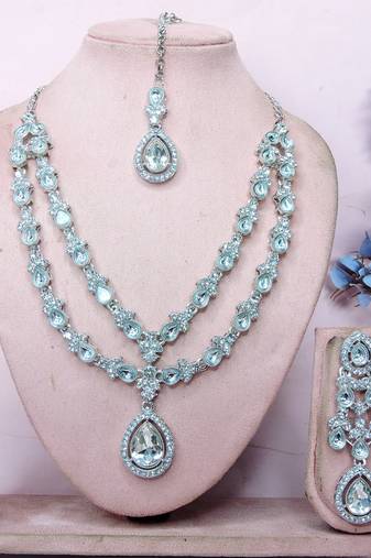 White rhodium premium designer american diamond and stone work necklace set