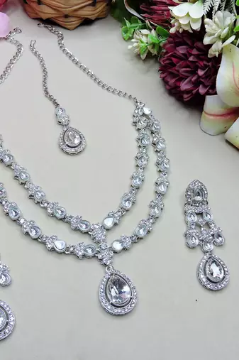 White rhodium premium designer american diamond and stone work necklace set