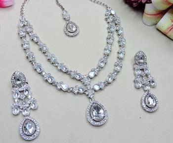White rhodium premium designer american diamond and stone work necklace set 3