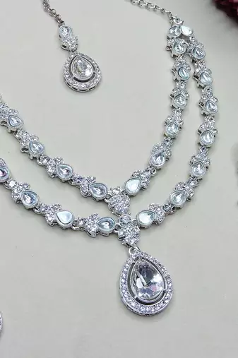 White rhodium premium designer american diamond and stone work necklace set