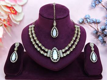 White yellow gold premium designer american diamond and stone work necklace set 1