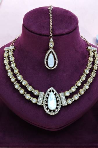 White yellow gold premium designer american diamond and stone work necklace set