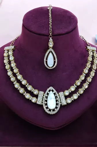 White yellow gold premium designer american diamond and stone work necklace set