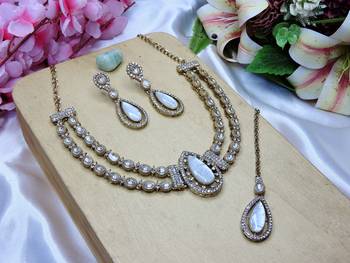 White yellow gold premium designer american diamond and stone work necklace set 2