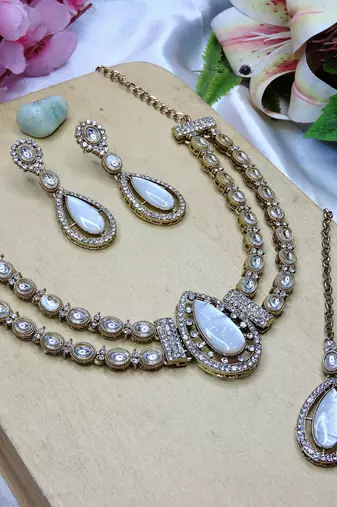 White yellow gold premium designer american diamond and stone work necklace set