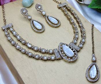 White yellow gold premium designer american diamond and stone work necklace set 3
