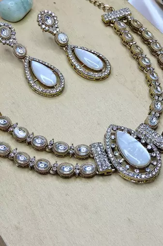 White yellow gold premium designer american diamond and stone work necklace set