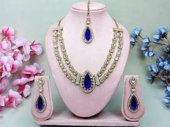 Blue yellow gold premium designer american diamond and stone work necklace set 1