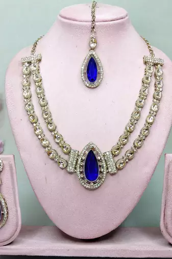 Blue yellow gold premium designer american diamond and stone work necklace set