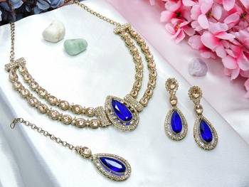 Blue yellow gold premium designer american diamond and stone work necklace set 2