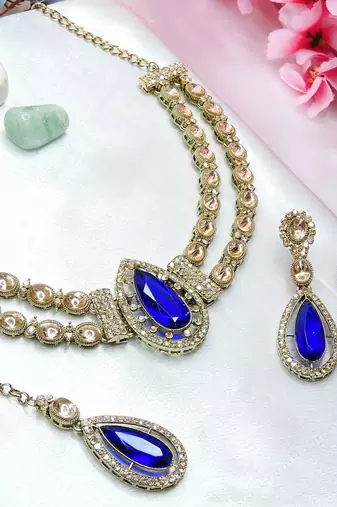 Blue yellow gold premium designer american diamond and stone work necklace set