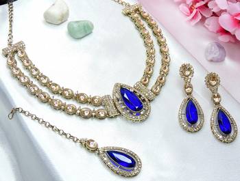 Blue yellow gold premium designer american diamond and stone work necklace set 3