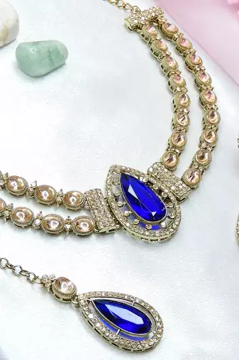 Blue yellow gold premium designer american diamond and stone work necklace set