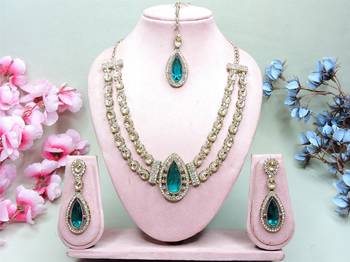 Green yellow gold premium designer american diamond and stone work necklace set 1