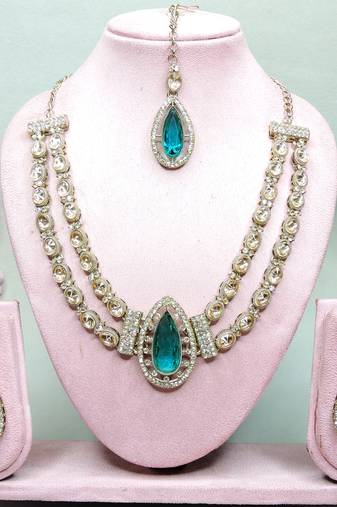 Green yellow gold premium designer american diamond and stone work necklace set