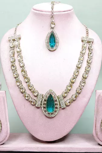 Green yellow gold premium designer american diamond and stone work necklace set