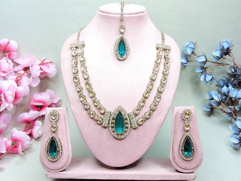 Green yellow gold premium designer american diamond and stone work necklace set