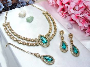 Green yellow gold premium designer american diamond and stone work necklace set 2